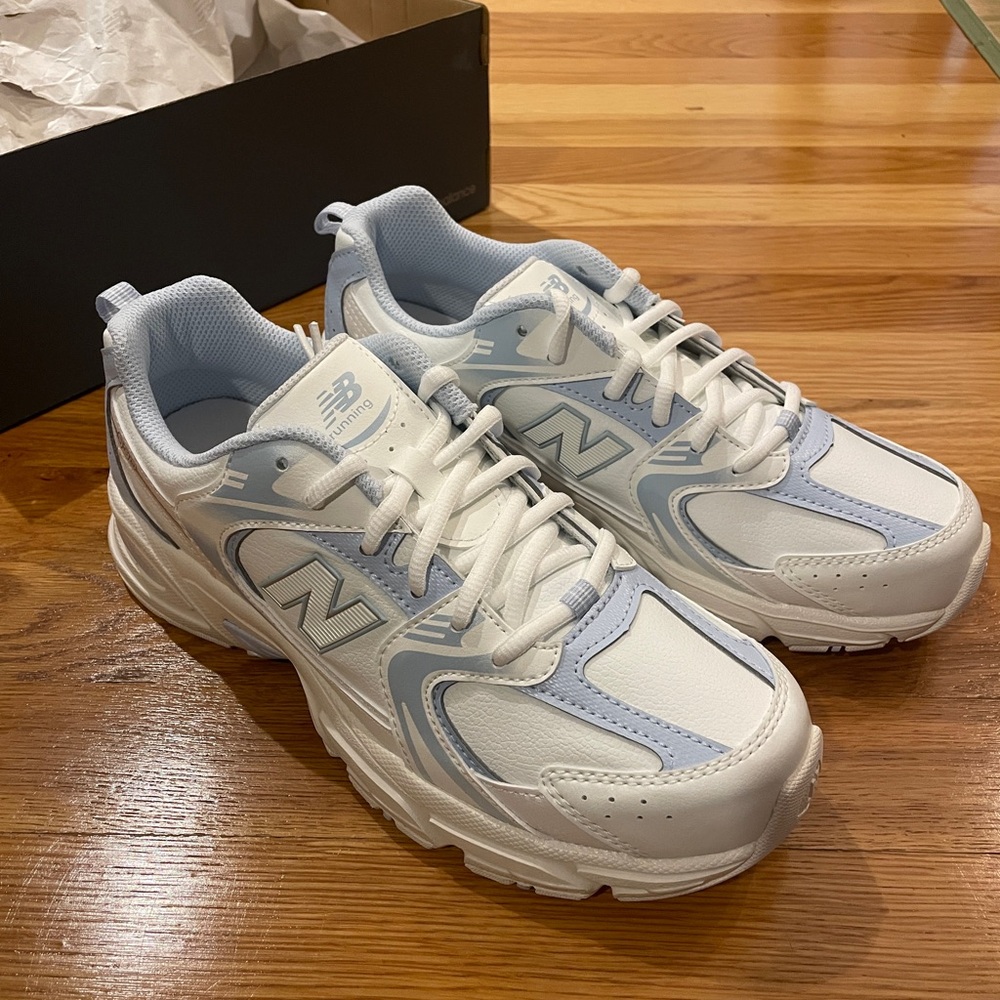 New Balance White and Light Blue Athletic Shoes